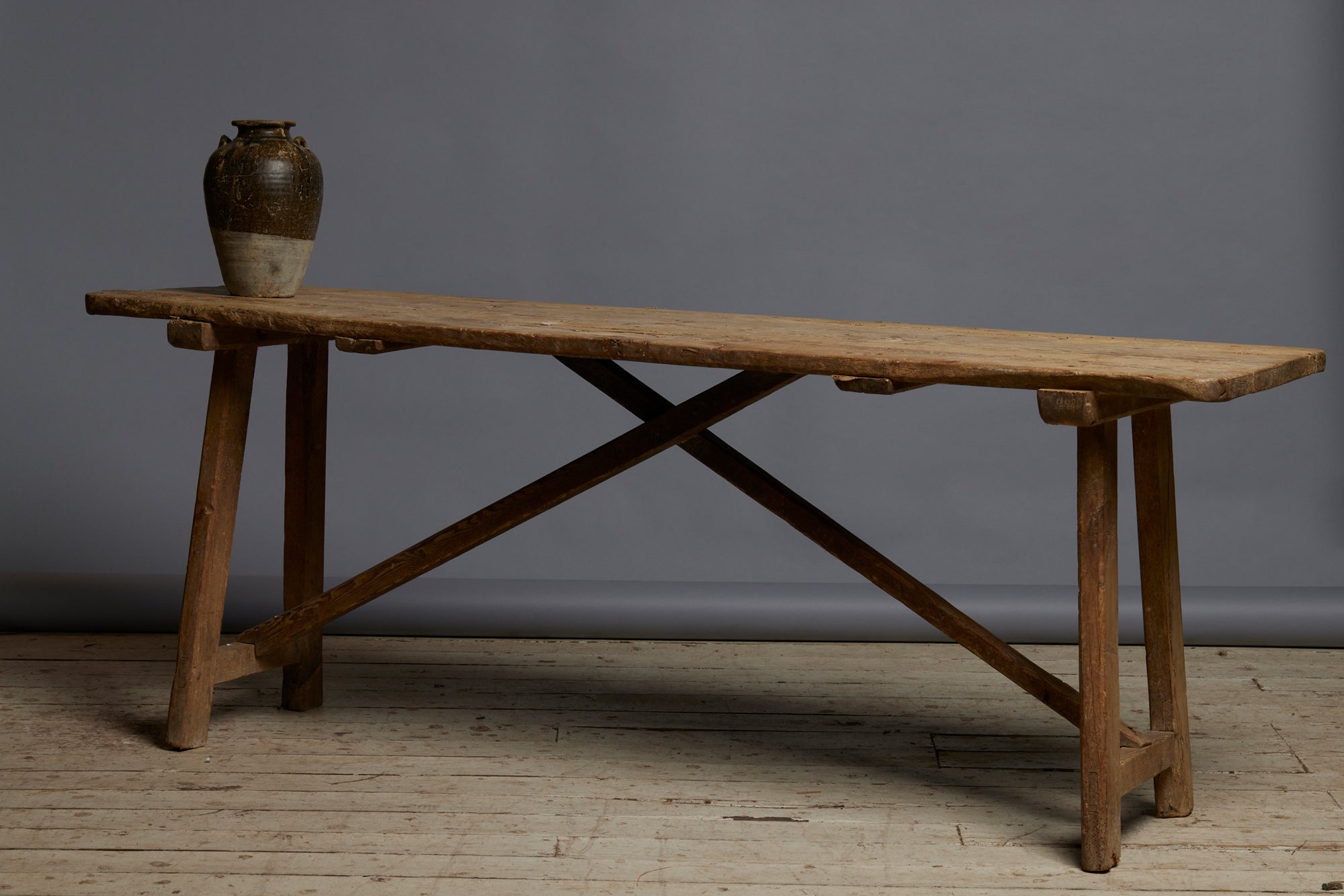 18th Century Spanish Pine Server Table with Stretcher Base