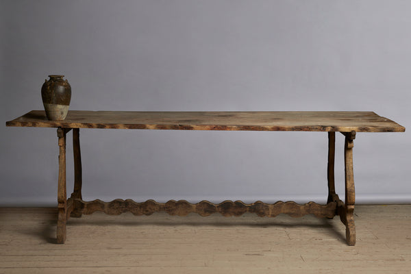 Early 19th Century Spanish Oak Table with Harp Shape Base & Scallop Form Stretcher