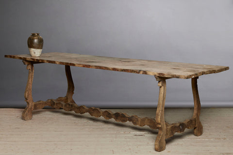 Early 19th Century Spanish Oak Table with Harp Shape Base & Scallop Form Stretcher