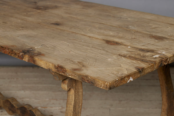 Early 19th Century Spanish Oak Table with Harp Shape Base & Scallop Form Stretcher