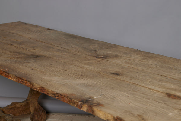 Early 19th Century Spanish Oak Table with Harp Shape Base & Scallop Form Stretcher