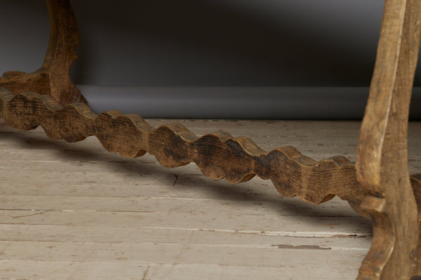 Early 19th Century Spanish Oak Table with Harp Shape Base & Scallop Form Stretcher