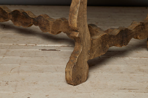 Early 19th Century Spanish Oak Table with Harp Shape Base & Scallop Form Stretcher
