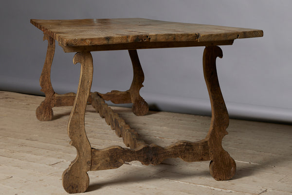 Early 19th Century Spanish Oak Table with Harp Shape Base & Scallop Form Stretcher
