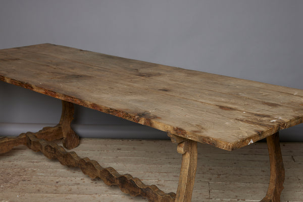 Early 19th Century Spanish Oak Table with Harp Shape Base & Scallop Form Stretcher