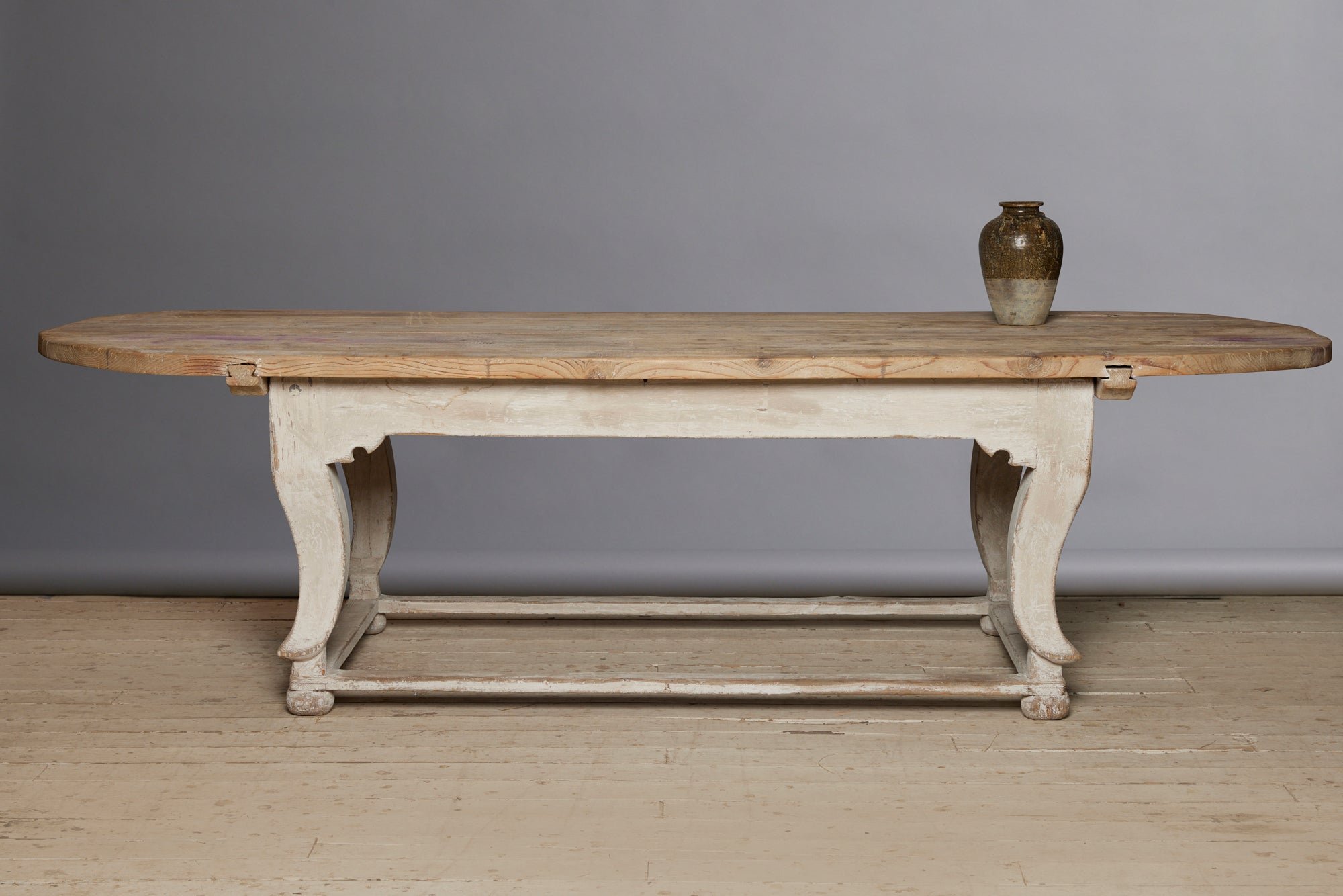 Large Italian Oval Top White Painted Table on Bun Feet with Stretcher Base from Genoa