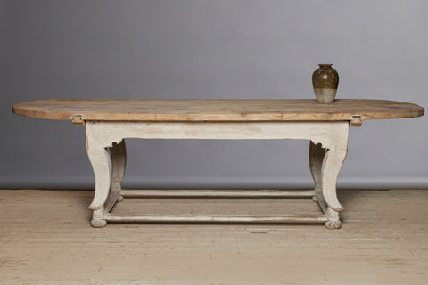 Large Italian Oval Top White Painted Table on Bun Feet with Stretcher Base from Genoa