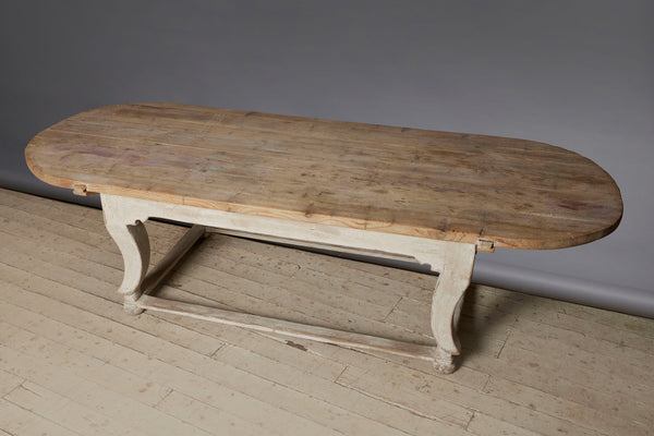 Large Italian Oval Top White Painted Table on Bun Feet with Stretcher Base from Genoa