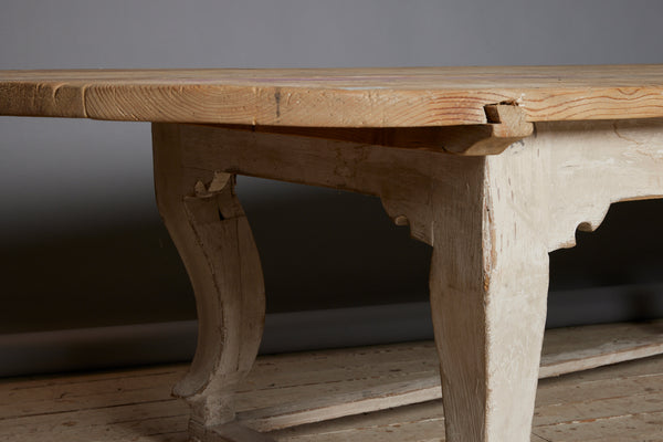 Large Italian Oval Top White Painted Table on Bun Feet with Stretcher Base from Genoa