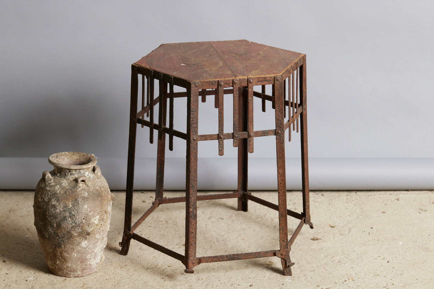 1930's Spanish Temple Raised Stand with An Iron Base & Painted Wooden Top