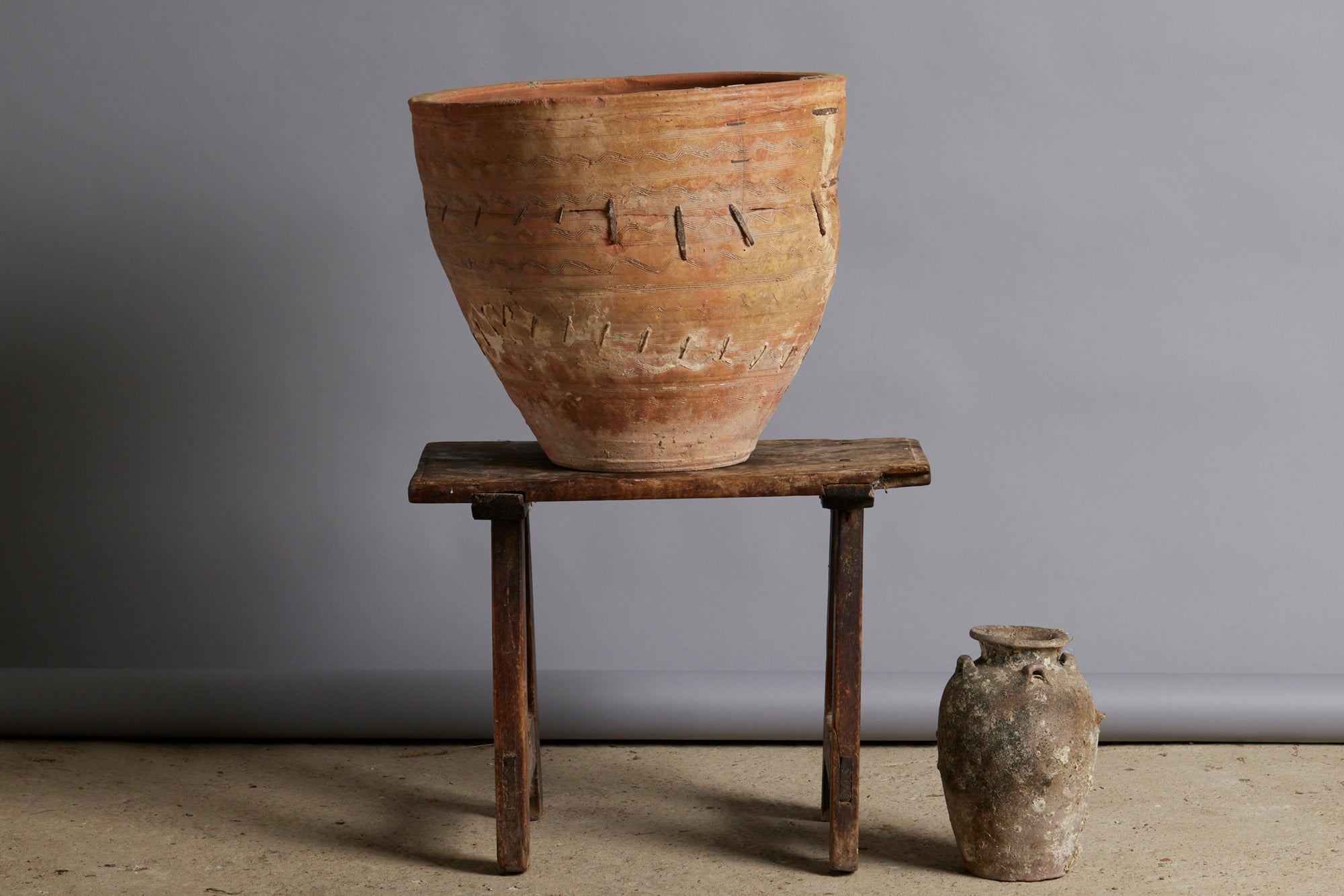Southern Spanish Terra Cotta Pot with Sgraffito & Iron Staple Repair from the 19th Century
