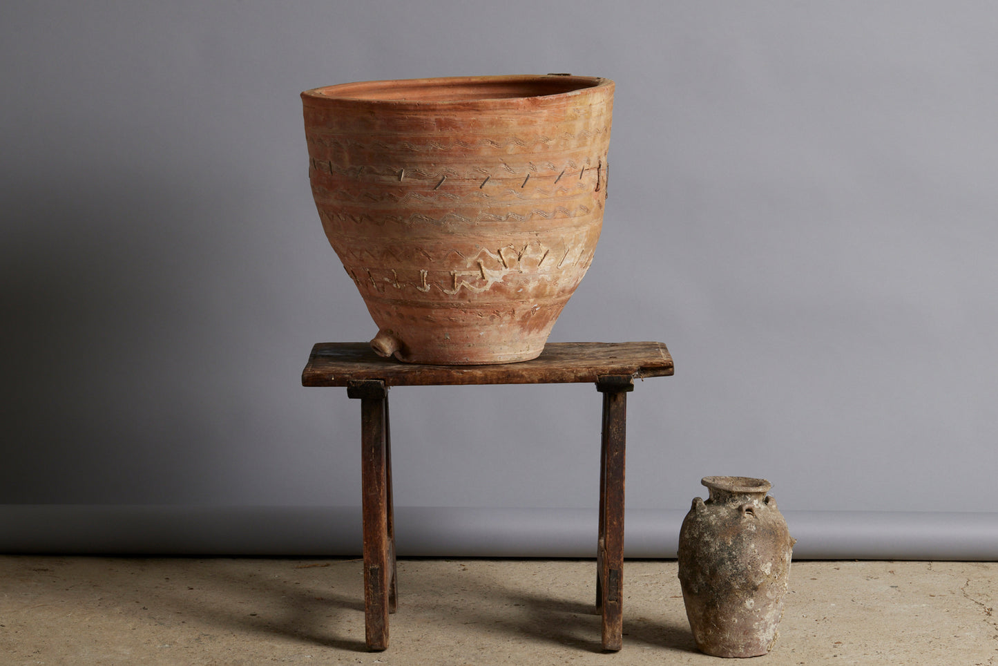 Southern Spanish Terra Cotta Pot with Sgraffito & Iron Staple Repair from the 19th Century