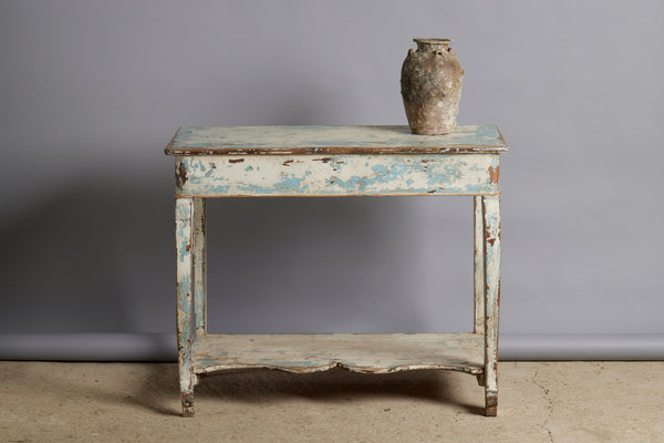 French 19th Century Walnut Server in Blue & White Old Painted Finish & Shaped Lower Shelf