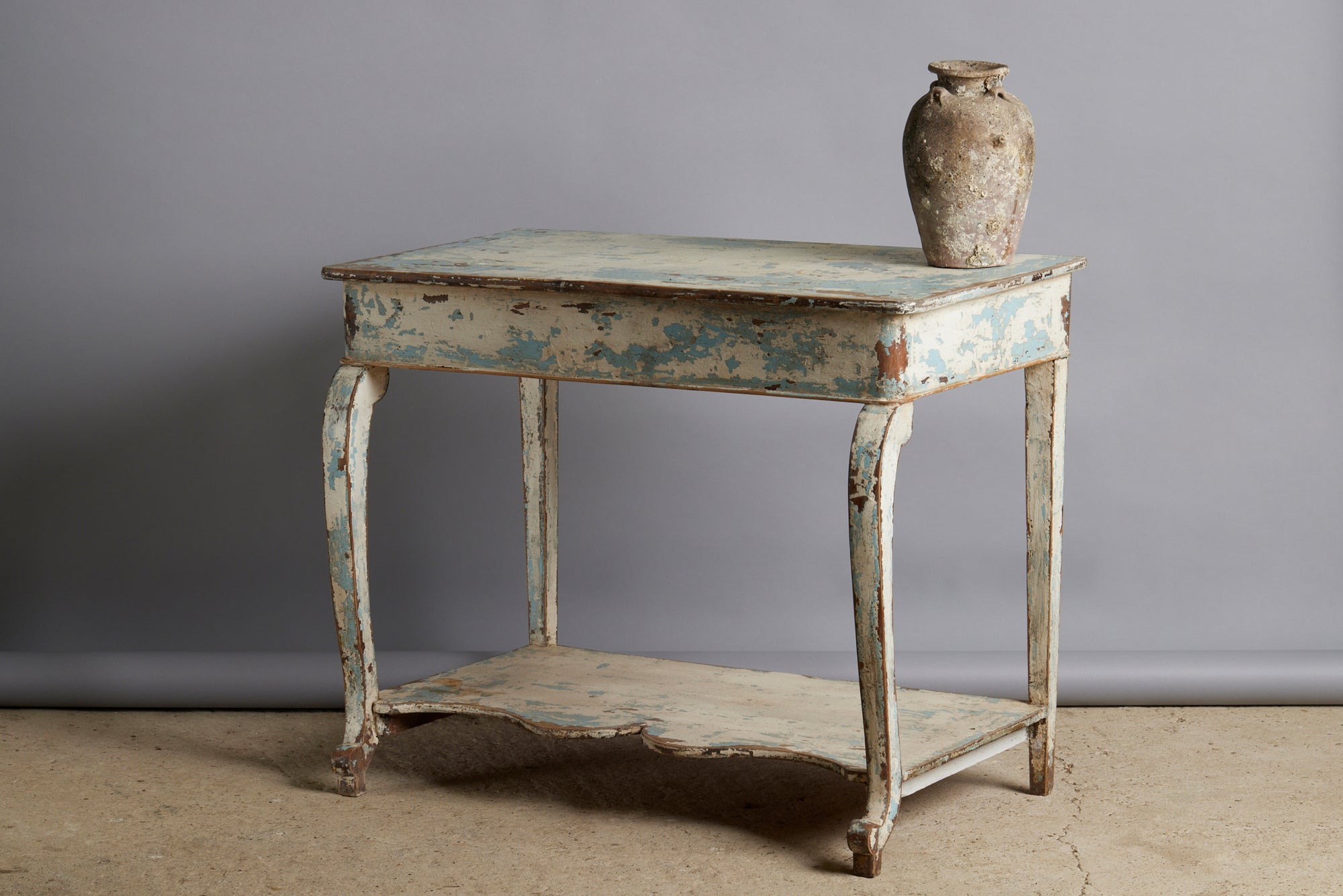 French 19th Century Walnut Server in Blue & White Old Painted Finish & Shaped Lower Shelf