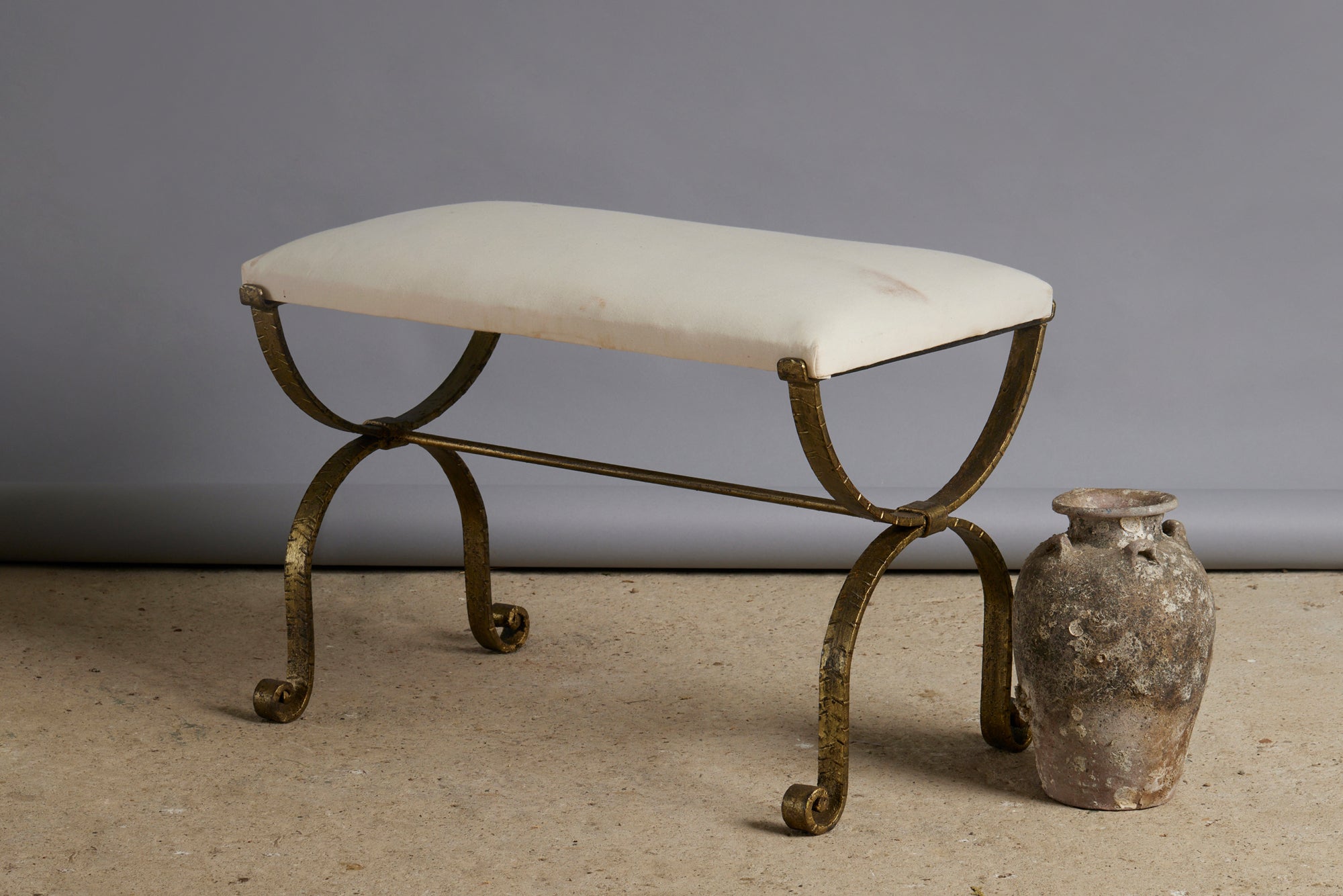 1940's Spanish Gilt Iron Base, Upholstered Top Bench