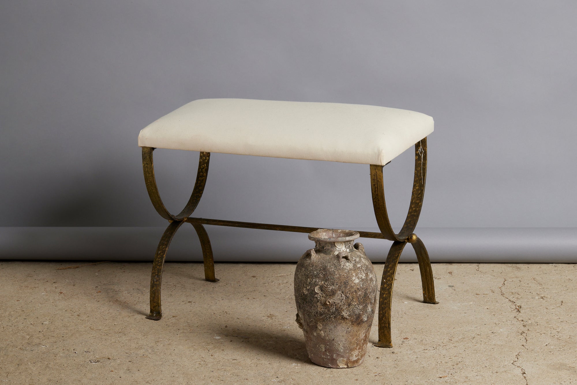 1940's Spanish Gilt Iron Base, Upholstered Top Bench
