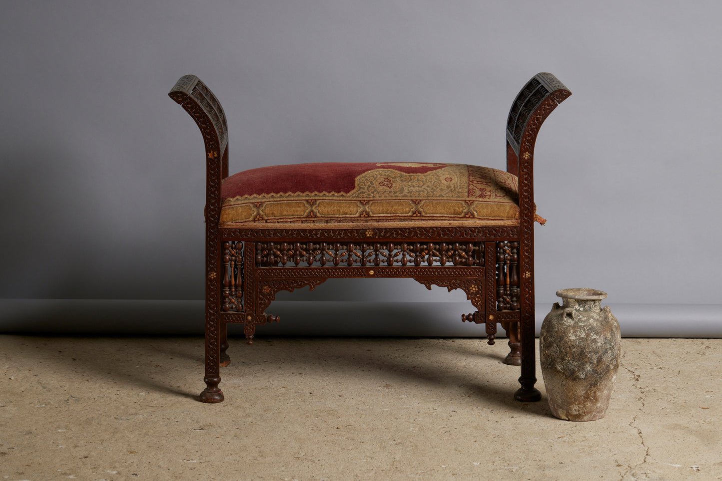 19th Century Syrian Side Bench with Jali Fretwork & Bone Inlay