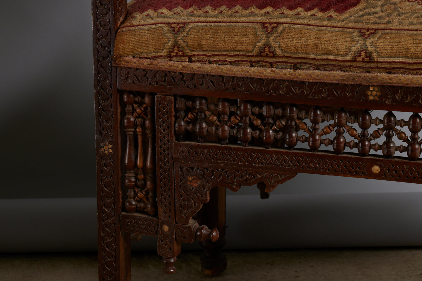 19th Century Syrian Side Bench with Jali Fretwork & Bone Inlay