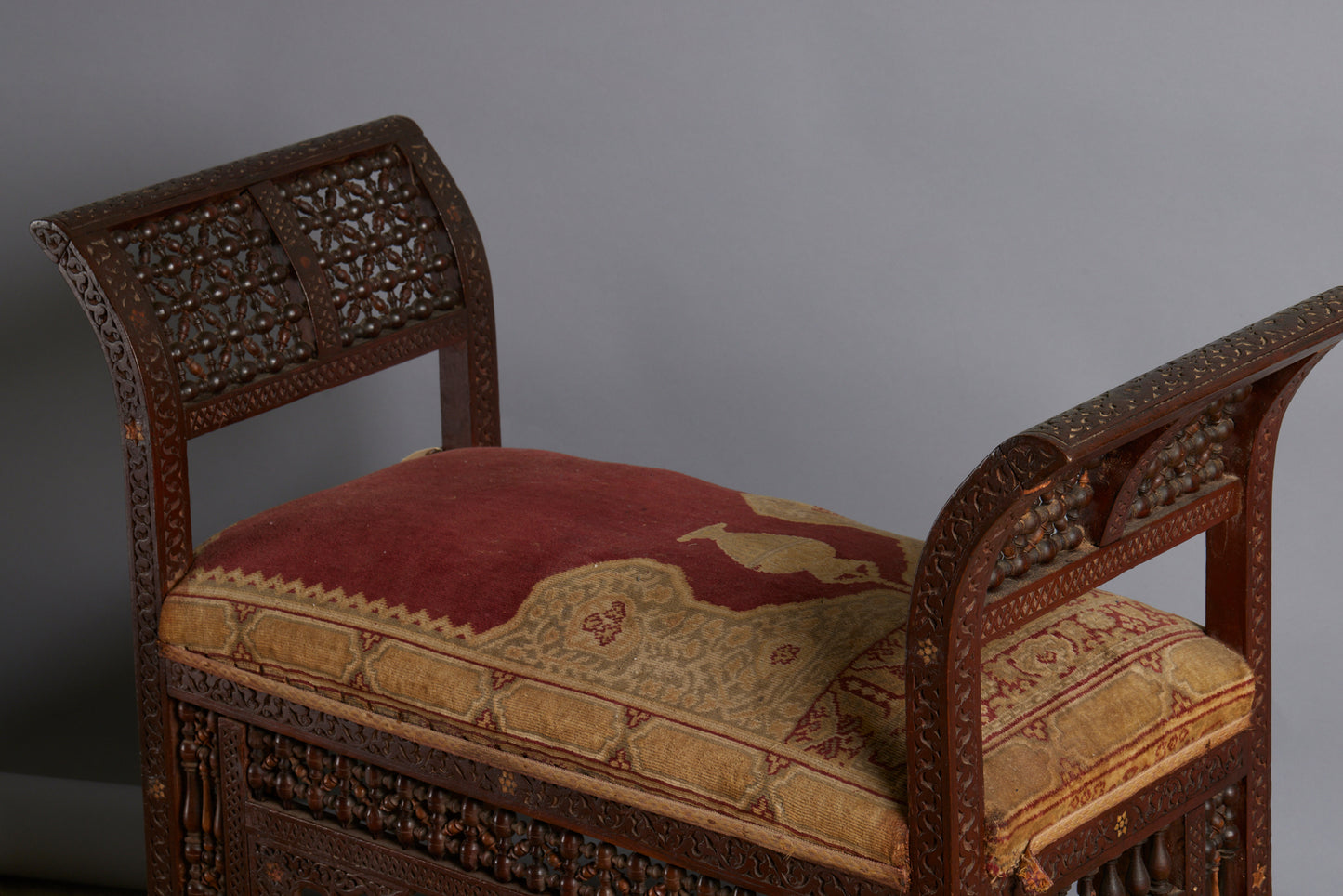 19th Century Syrian Side Bench with Jali Fretwork & Bone Inlay