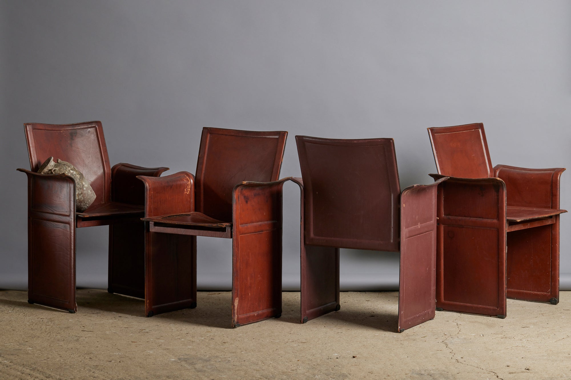 Set of Four Mid 20th Century Designer Stitched Saddle Leather with Iron Frame