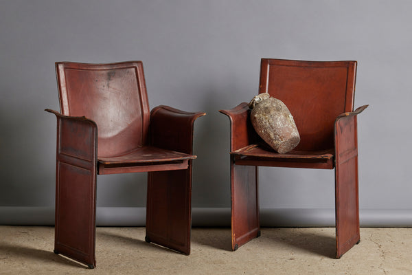 Set of Four Mid 20th Century Designer Stitched Saddle Leather with Iron Frame