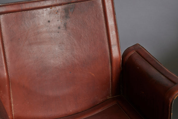 Set of Four Mid 20th Century Designer Stitched Saddle Leather with Iron Frame