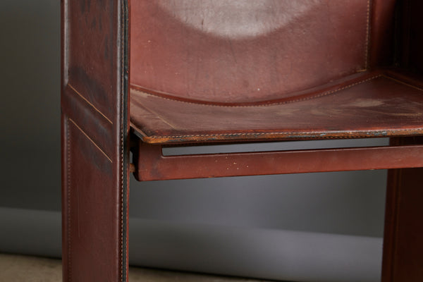 Set of Four Mid 20th Century Designer Stitched Saddle Leather with Iron Frame