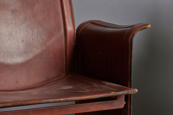 Set of Four Mid 20th Century Designer Stitched Saddle Leather with Iron Frame