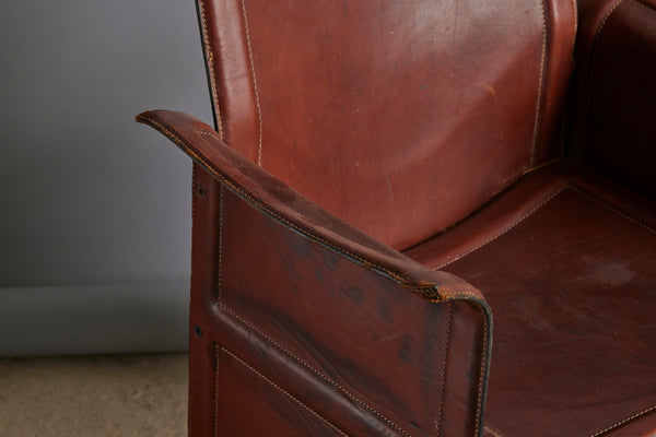 Set of Four Mid 20th Century Designer Stitched Saddle Leather with Iron Frame