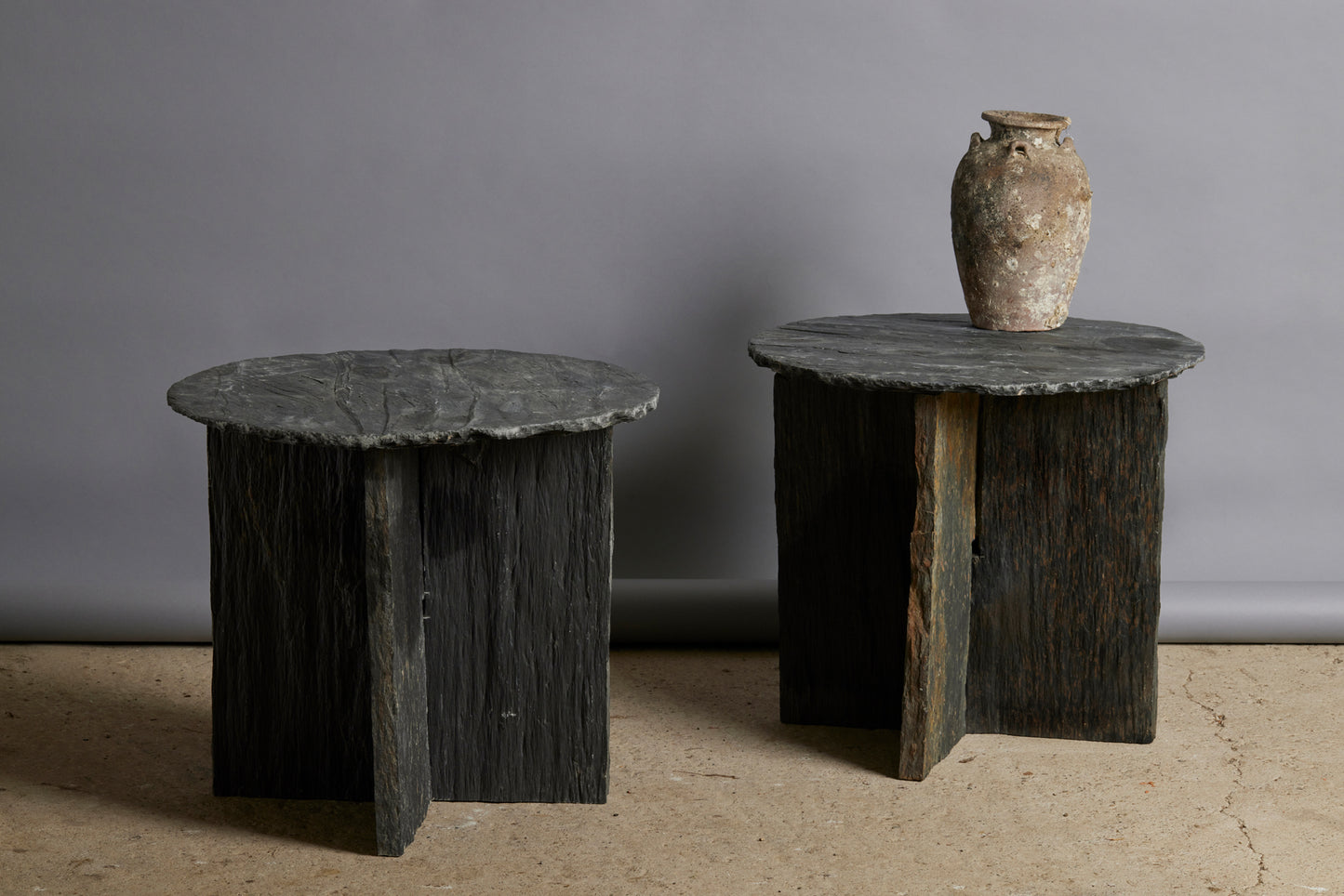 Round Slate Side Table from Anjou, France with an Interlocking Base