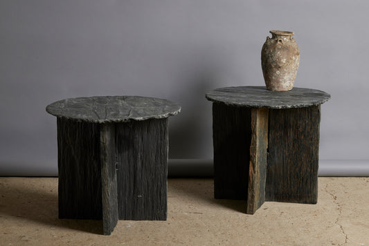 Round Slate Side Table from Anjou, France with an Interlocking Base