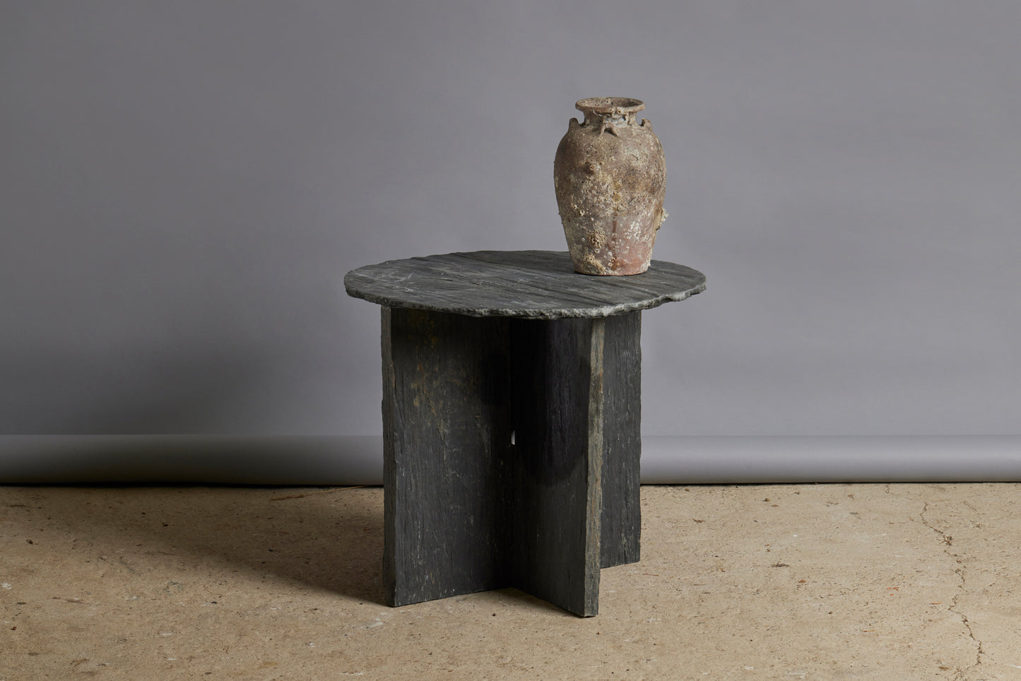 Round Slate Side Table from Anjou, France with an Interlocking Base