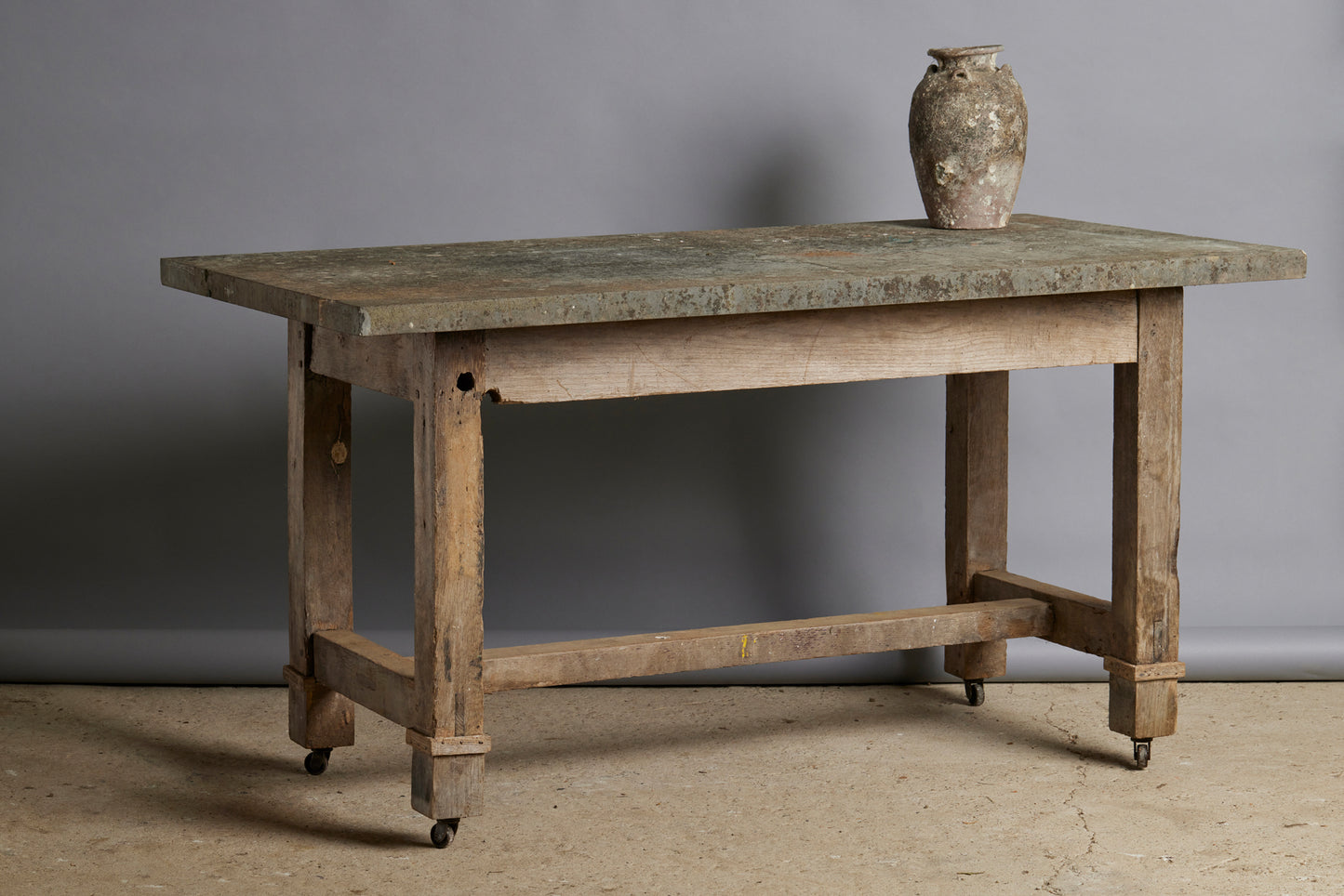19th Century Potter's Table with an Oak Base & Stone Top with Beautiful Patina