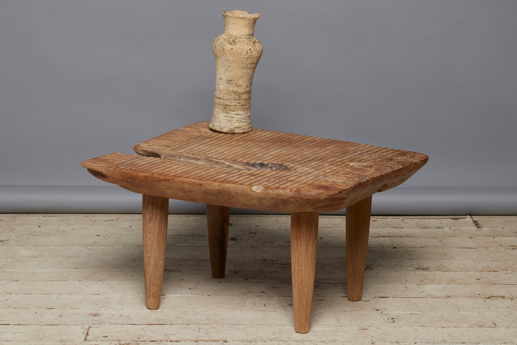 Thick Reeded Top Natural Teak Wood Coffee Table with Simple Tapered Legs