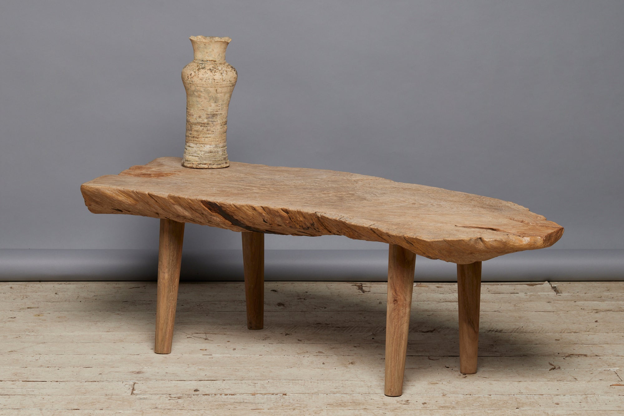 Natural Bleached Slab Teak Top Coffee Table with Simple Tapered Legs