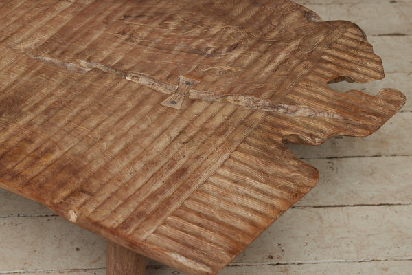 Natural Bleached Teak Slab Top Coffee Table with Gadrooned Surface, Butterfly Repairs and Simple Tapered Legs