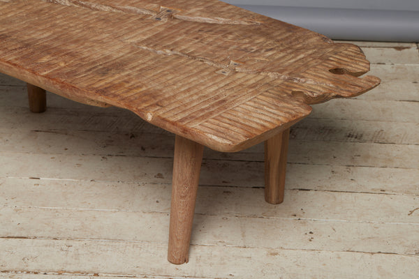 Natural Bleached Teak Slab Top Coffee Table with Gadrooned Surface, Butterfly Repairs and Simple Tapered Legs