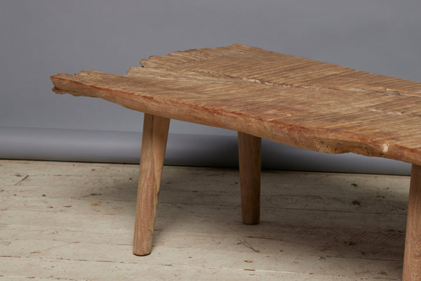 Natural Bleached Teak Slab Top Coffee Table with Gadrooned Surface, Butterfly Repairs and Simple Tapered Legs