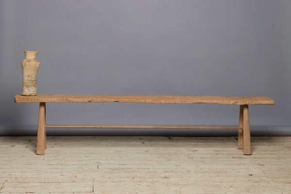 Gadrooned Natural Teak Bench with Stretcher Base & Tapered Leg