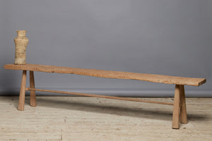 Gadrooned Natural Teak Bench with Stretcher Base & Tapered Leg