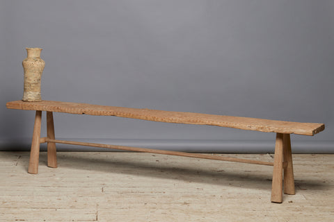 Gadrooned Natural Teak Bench with Stretcher Base & Tapered Leg