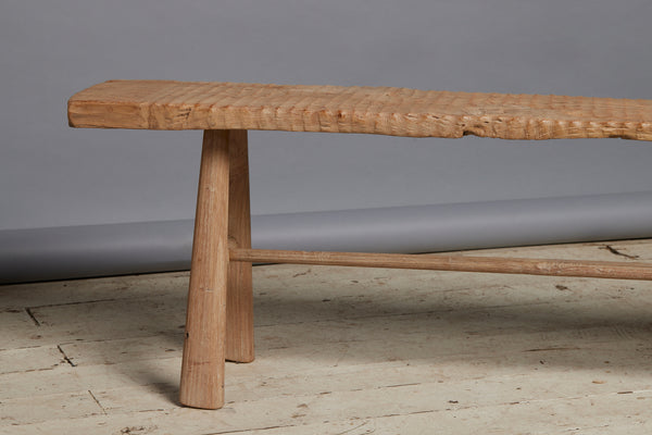 Gadrooned Natural Teak Bench with Stretcher Base & Tapered Leg