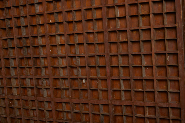 Shaped Top Deep Gridded Teak & Metal Panel