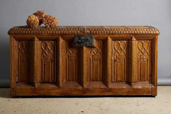 English Cabinet in the Shape of a Coffer Made out of an Old Abbey Paneling