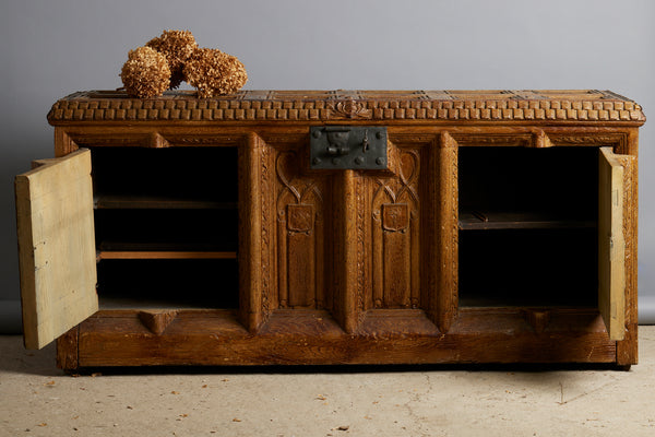 English Cabinet in the Shape of a Coffer Made out of an Old Abbey Paneling