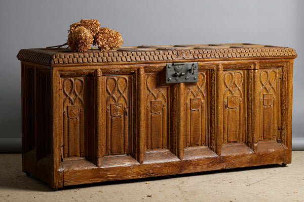 English Cabinet in the Shape of a Coffer Made out of an Old Abbey Paneling