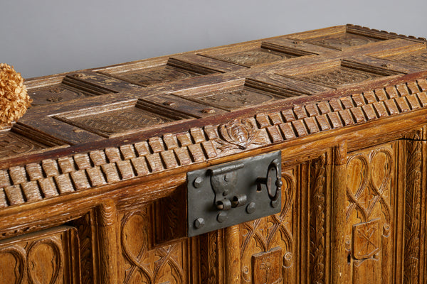 English Cabinet in the Shape of a Coffer Made out of an Old Abbey Paneling