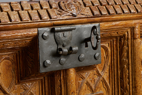 English Cabinet in the Shape of a Coffer Made out of an Old Abbey Paneling