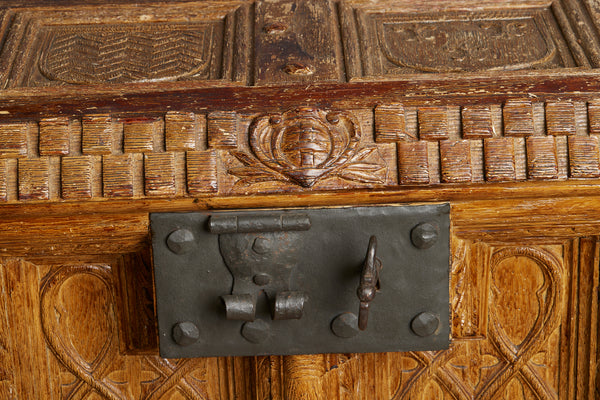 English Cabinet in the Shape of a Coffer Made out of an Old Abbey Paneling