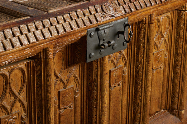 English Cabinet in the Shape of a Coffer Made out of an Old Abbey Paneling